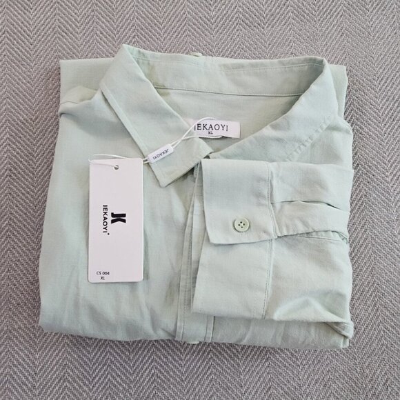 Jekaoyi Shirt Men's XL Long Sleeve Pistachio Linen Blend Button Down Solid Plain - Picture 16 of 16